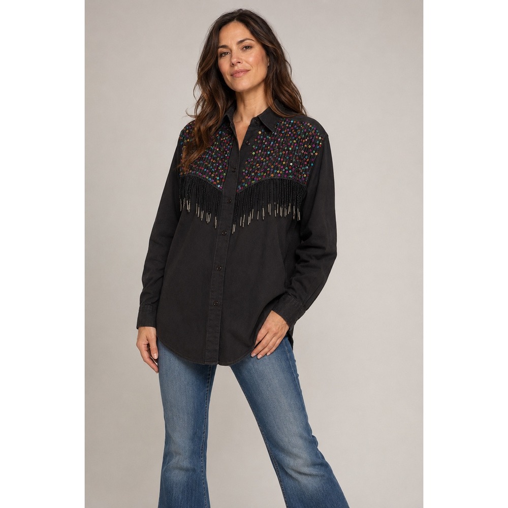Southwest Canyon Vintage 1993 Sequin Beaded Fringe Western Shirt Black Women M